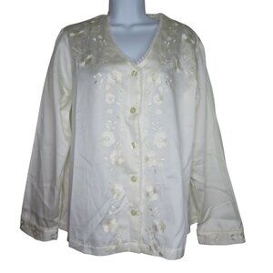 Nordstrom Intimates White Floral Button-Up Sleepshirt M Long Sleeve Cotton Lined
